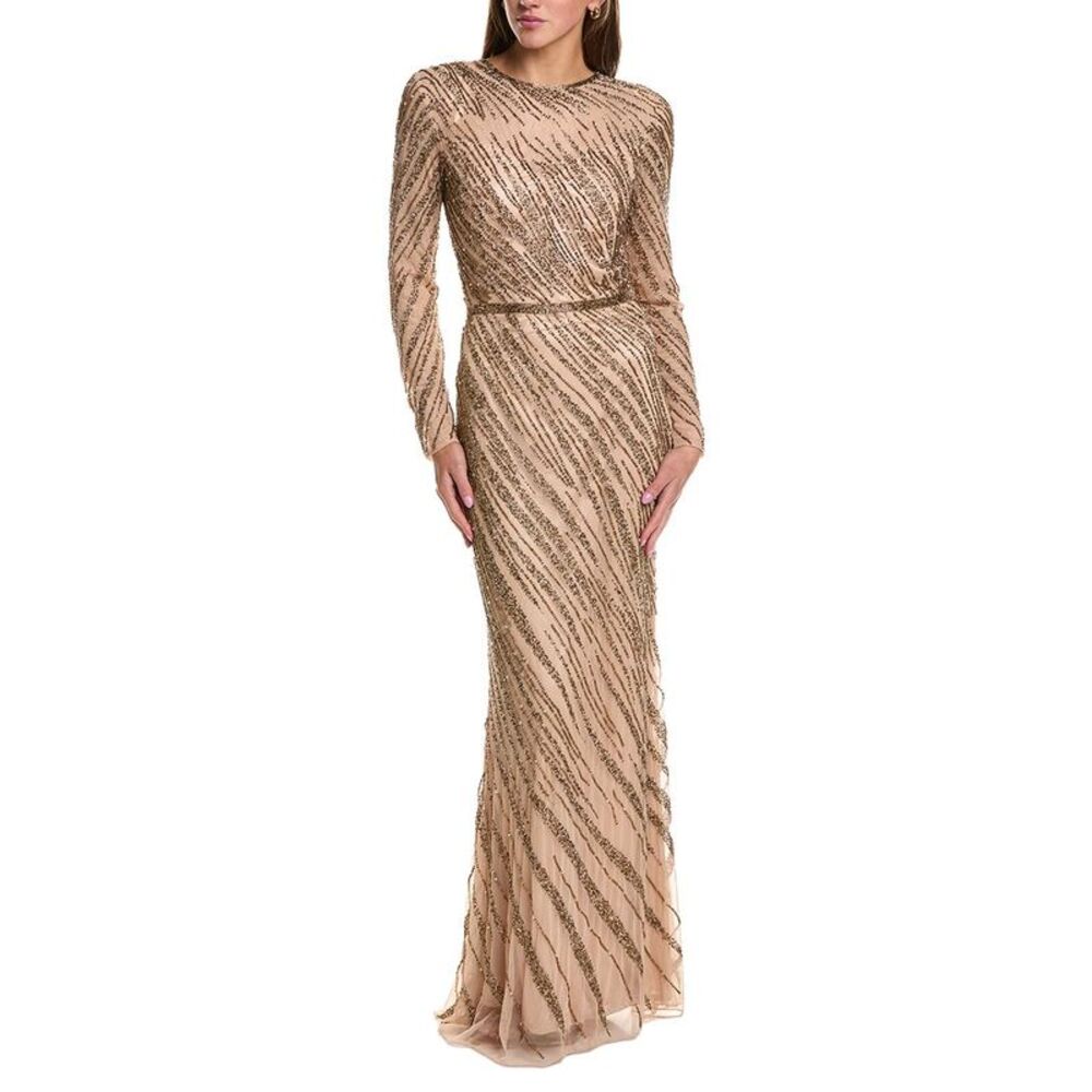 Issue New York Long-Sleeve Beaded Maxi Gown in Gold